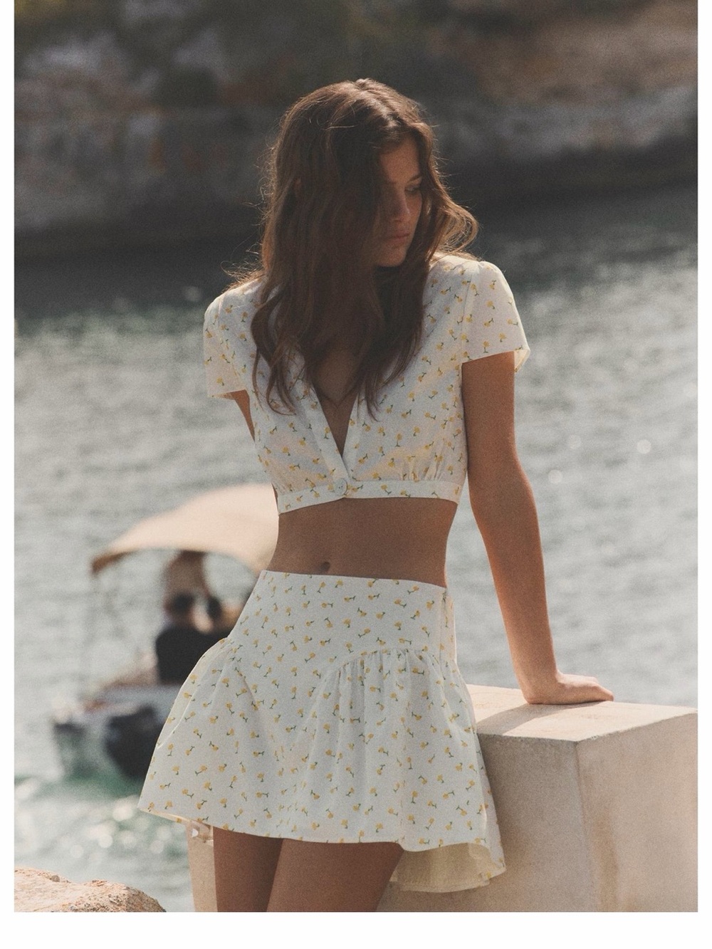 Zara white mini skirt and crop top set with Yellow Floral Print